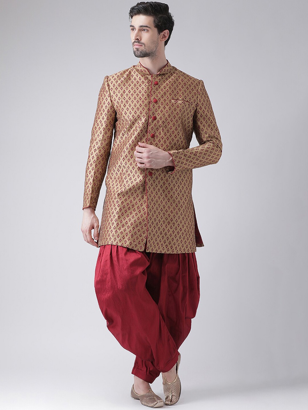 DEYANN Men Red & Golden Printed Sherwani With Patiala Pants