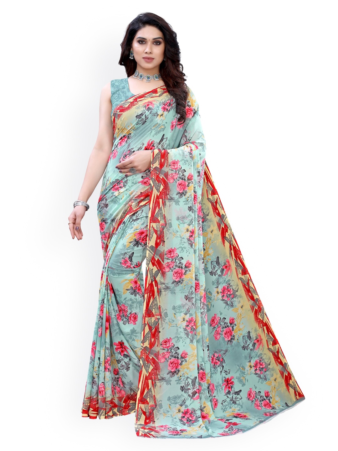 KALINI Blue & Pink Pure Georgette Floral Printed Saree