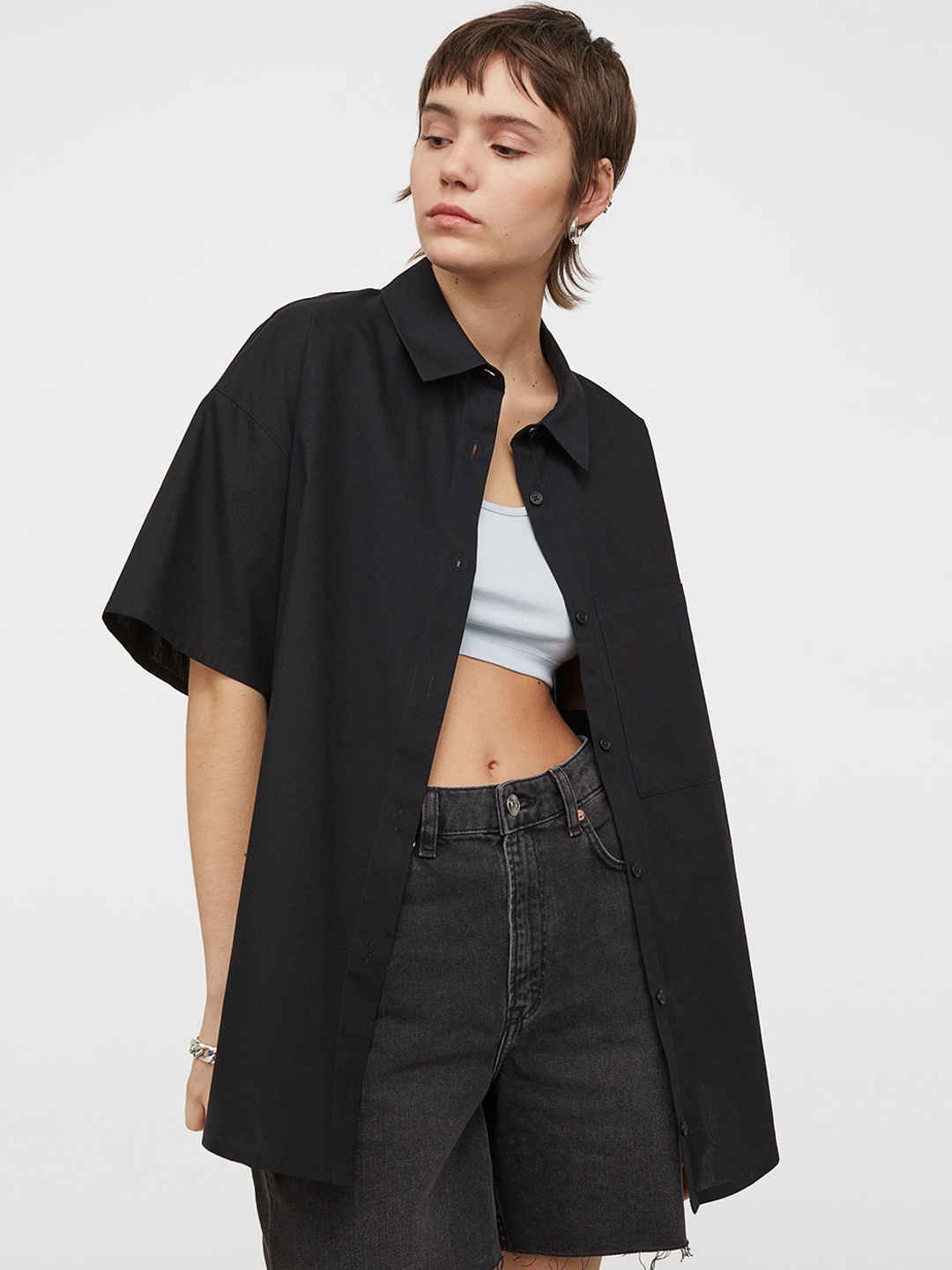 H&M Women Black Oversized Cotton Shirt