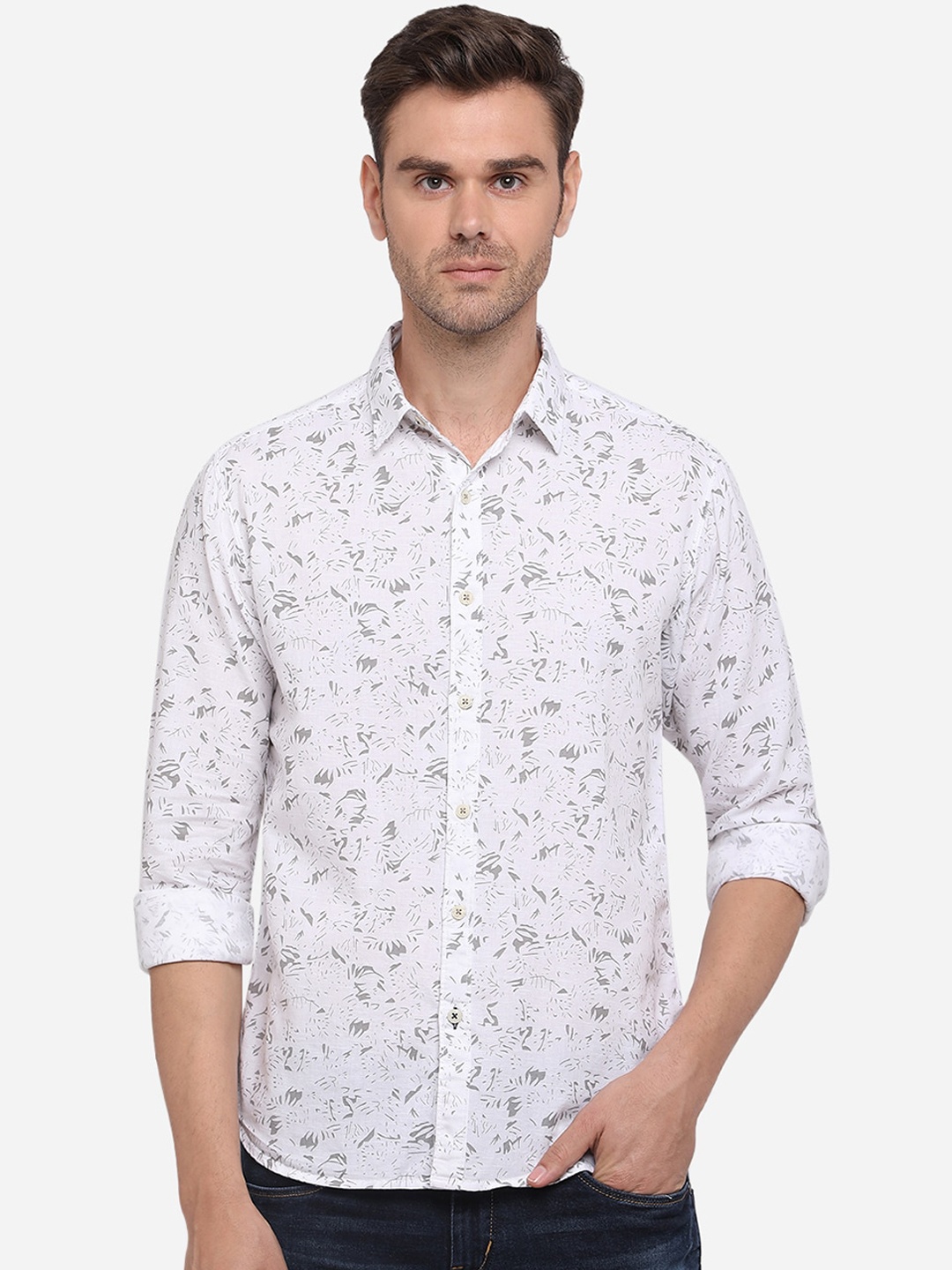 Greenfibre Men White & Grey Slim Fit Printed Cotton Casual Shirt
