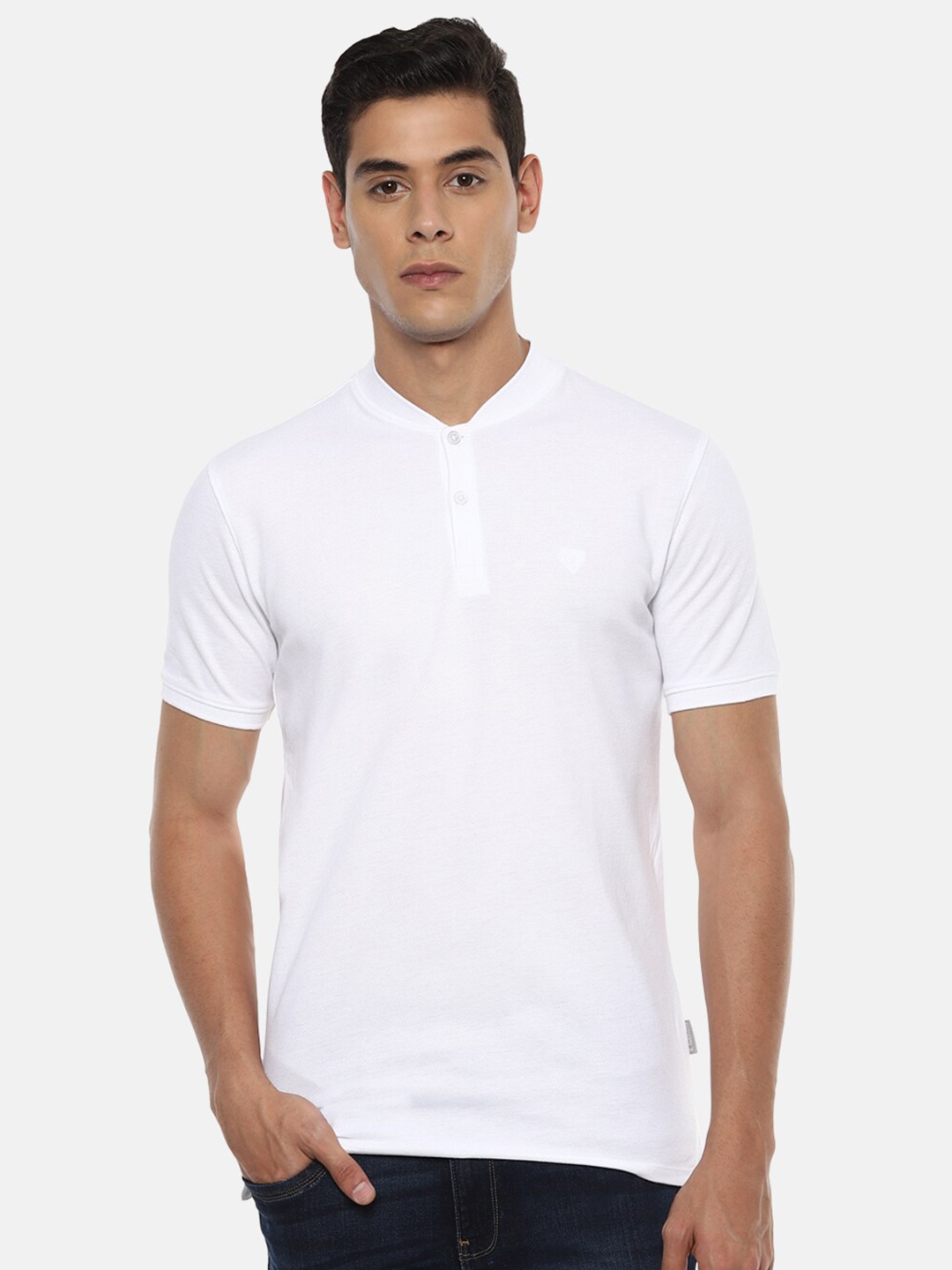 V Dot Men White Solid Mandarin Collar T-shirt