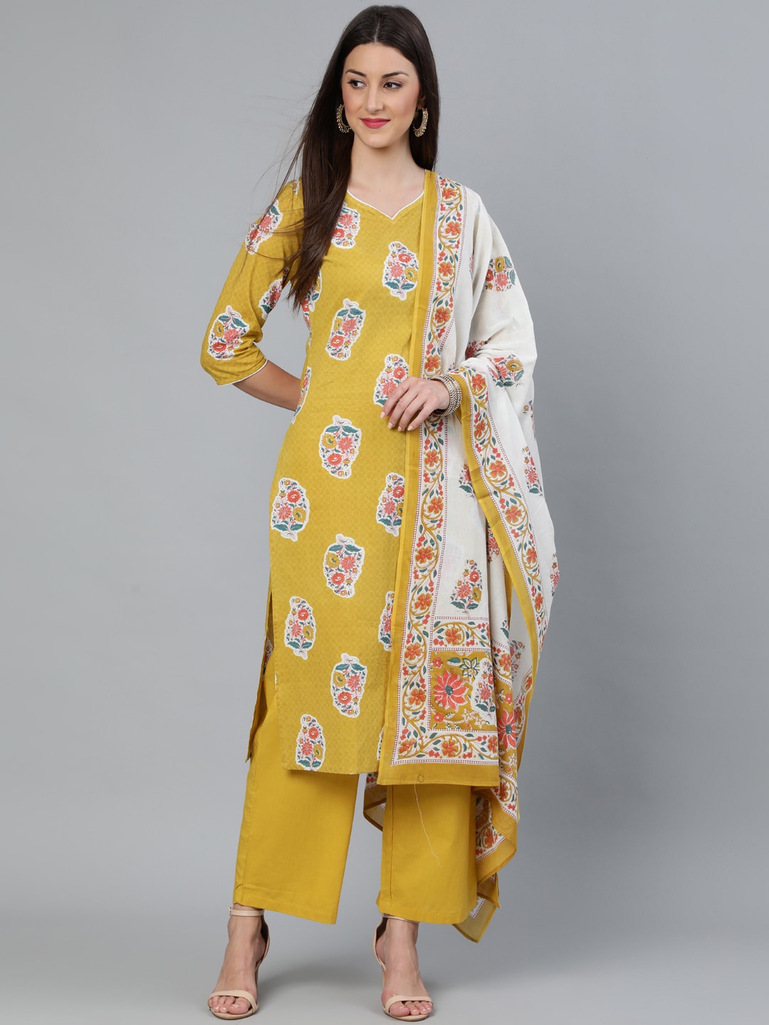 Nayo Women Mustard Mustard Straight Kurta With Palazzo and Dupatta with pockets