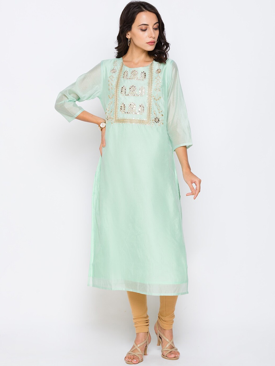 Globus Women Sea Green Ethnic Motifs Yoke Design Mirror Work Kurta