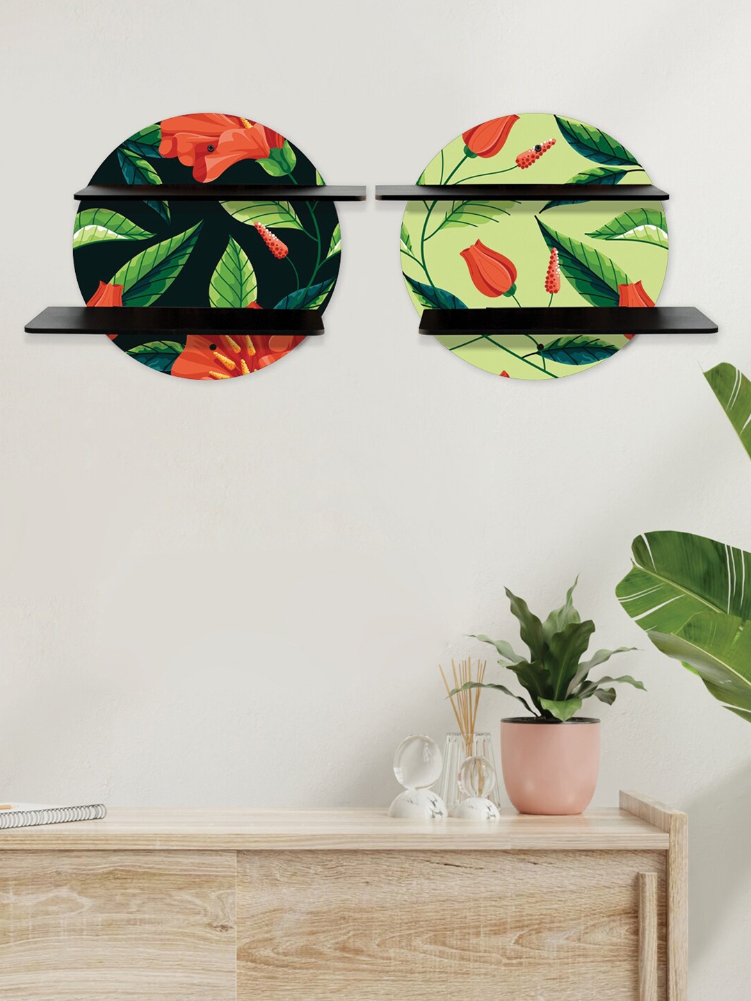 RANDOM Black & Green Set of 2 MDF Basic Wall Shelves