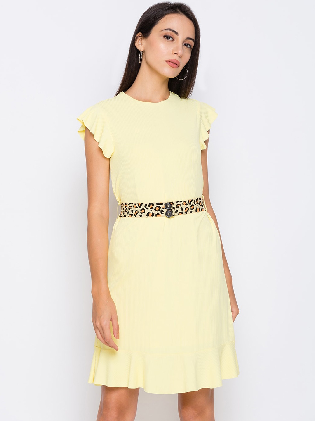 Globus Women Yellow Solid A-Line Dress with Belt