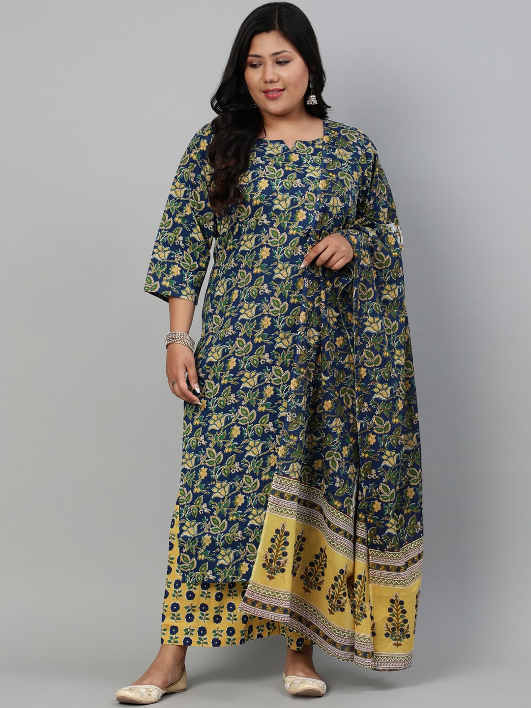 Nayo Plus Size Women Navy Blue Ethnic Motifs Pure Cotton Kurta with Palazzos & Dupatta
Nayo Plus Size Women Navy Blue Ethnic Motifs Pure Cotton Kurta with Palazzos & Dupatta