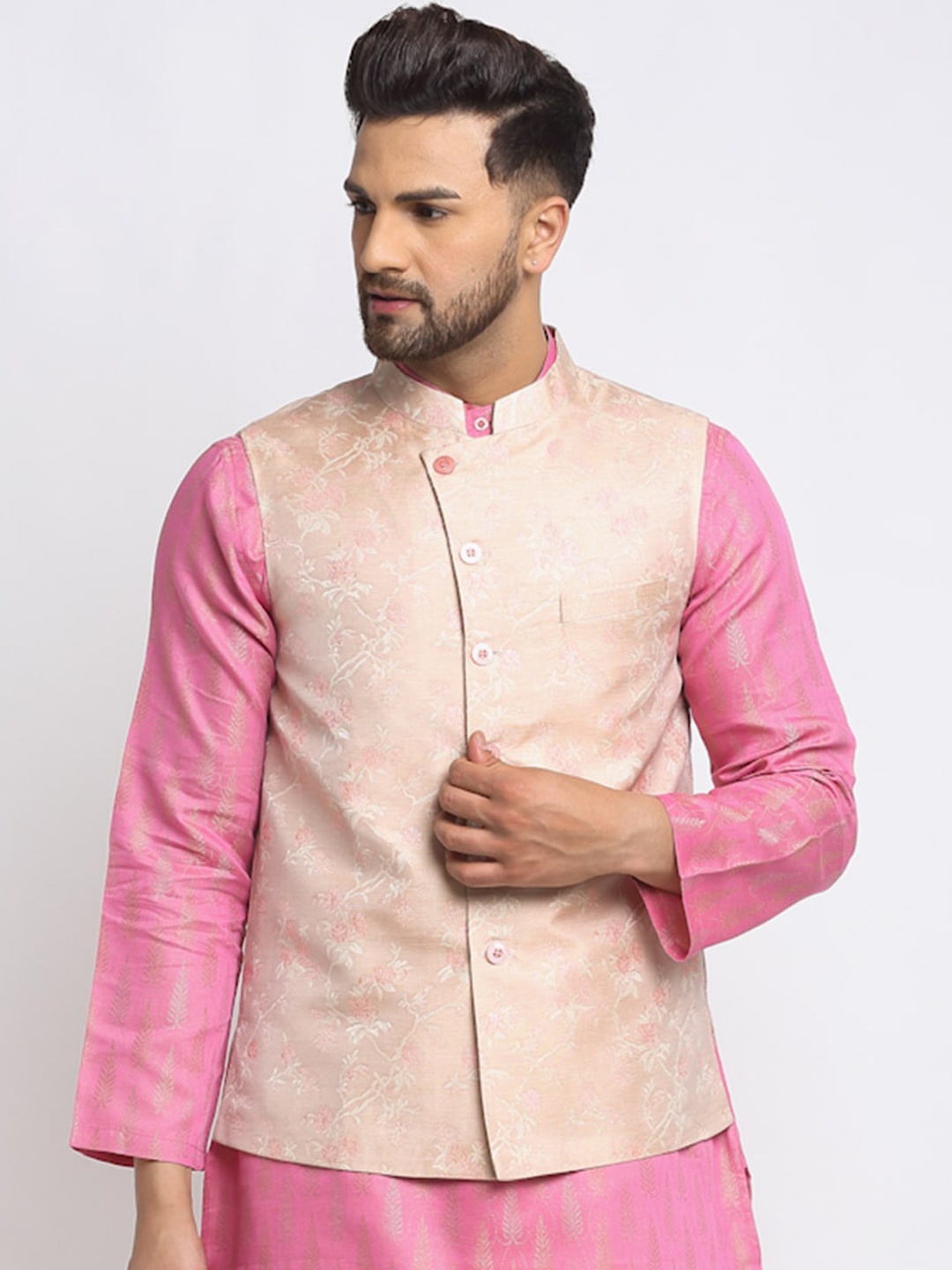 NEUDIS Men Beige and Peach-Coloured Printed Jacquard Satin Nehru Jacket