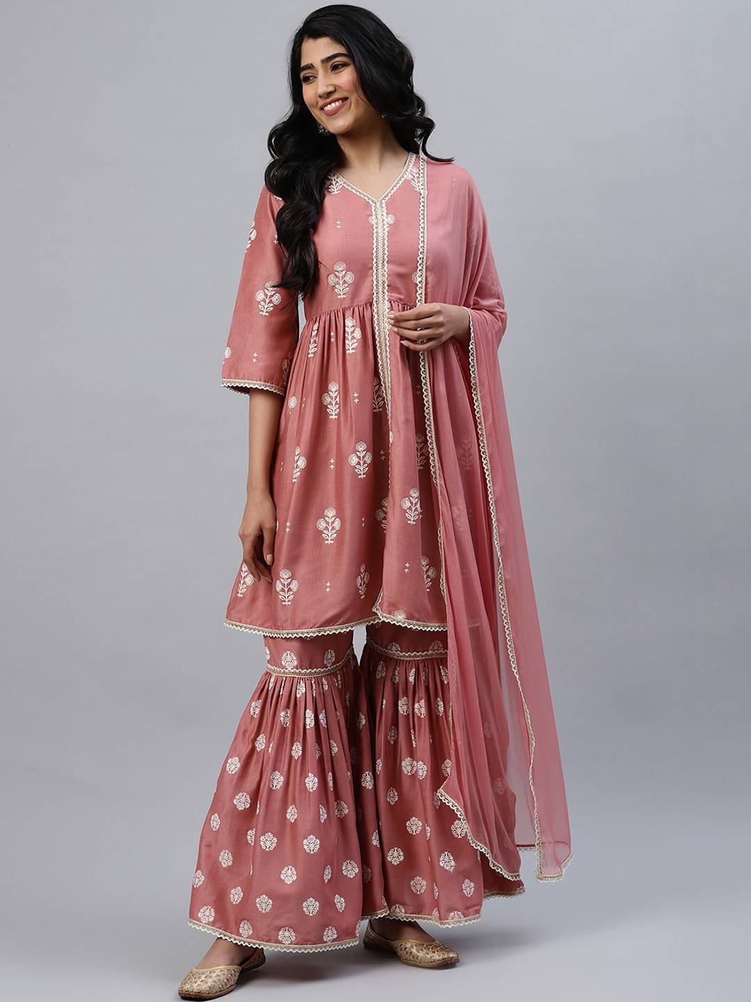 Libas Women Pink Pure Silk Ethnic Motifs Printed Empire Kurta with Sharara & Dupatta
Libas Women Pink Pure Silk Ethnic Motifs Printed Empire Kurta with Sharara & Dupatta