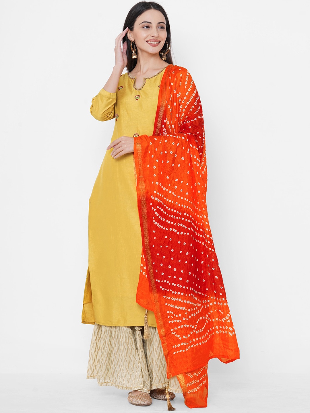 FASHOR Women Mustard Embroidered Kurta with Palazzos & Dupatta