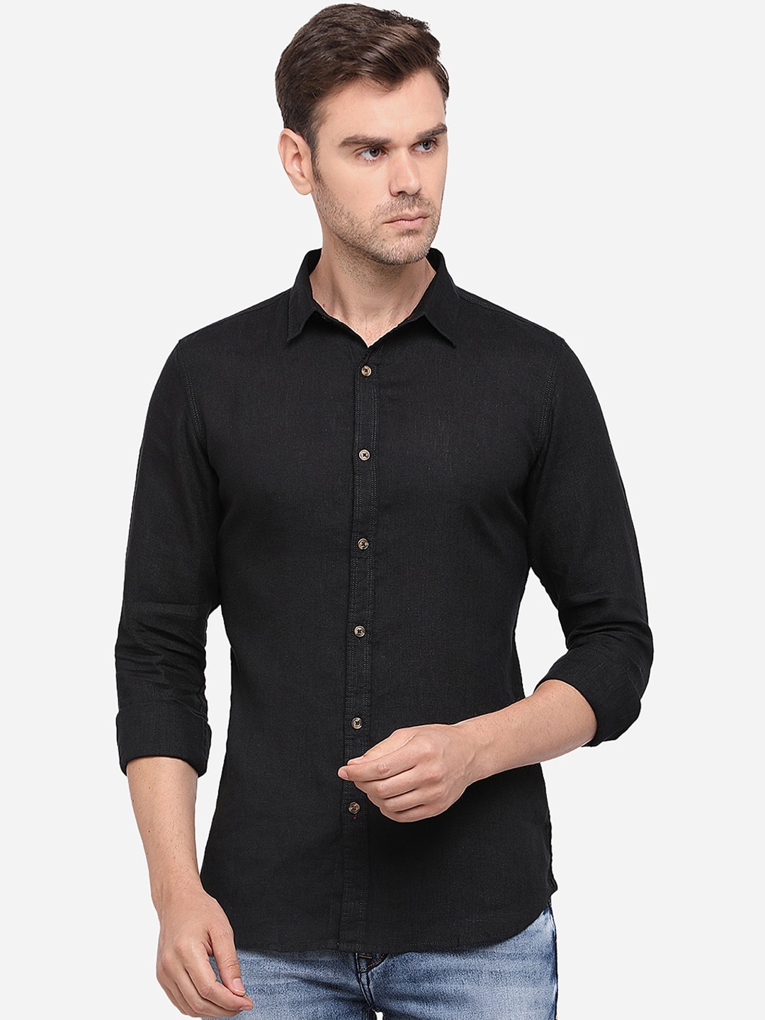 JADE BLUE Men Black Slim Fit Solid Cotton Casual Shirt