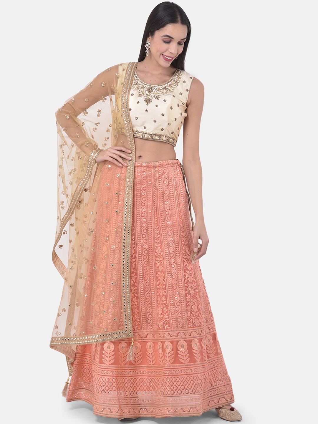Neerus Peach-Coloured & Beige Embellished Ready to Wear Lehenga Choli