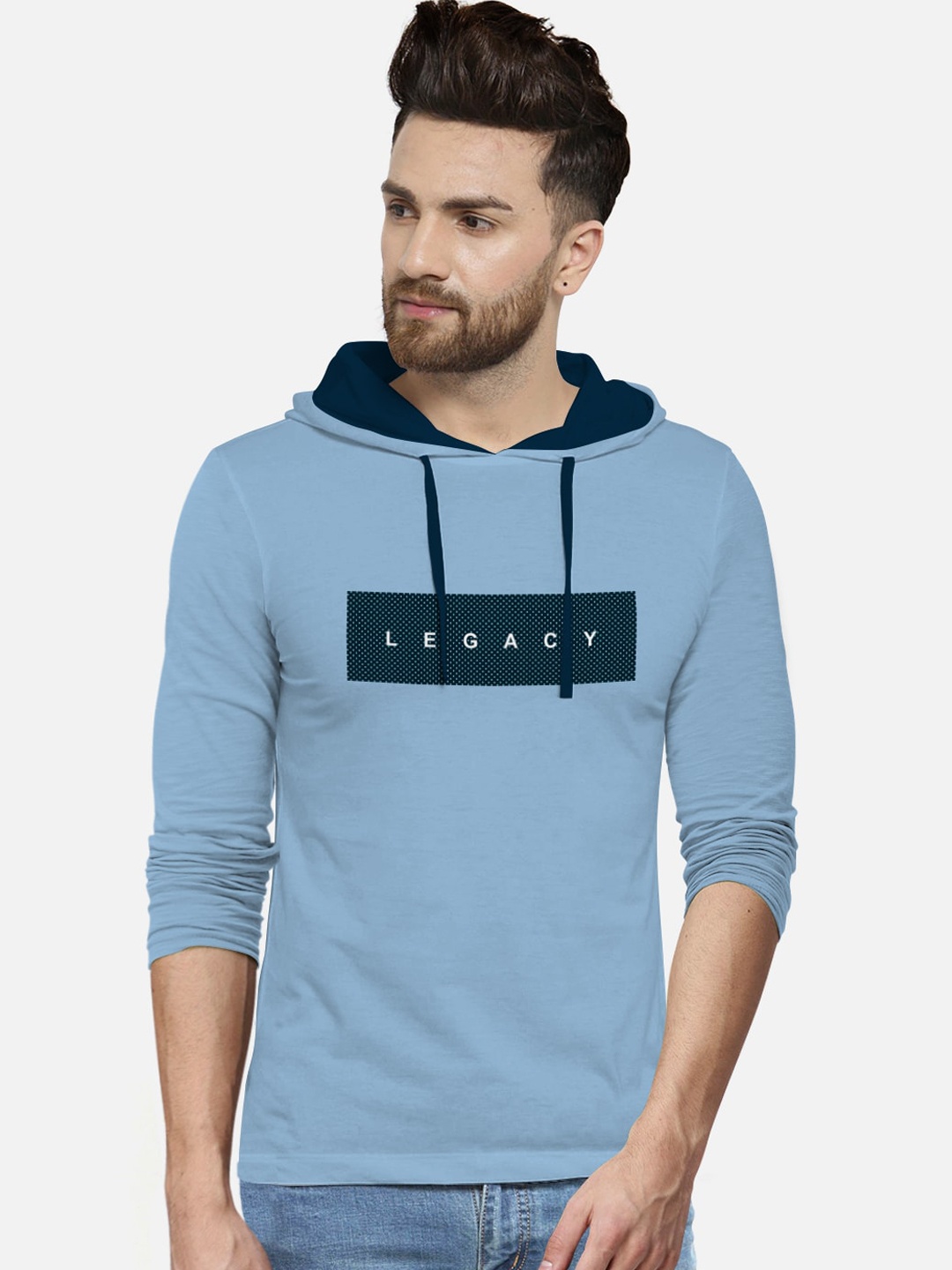 BULLMER Men Blue Solid Cotton Hood Pure Cotton T-shirt