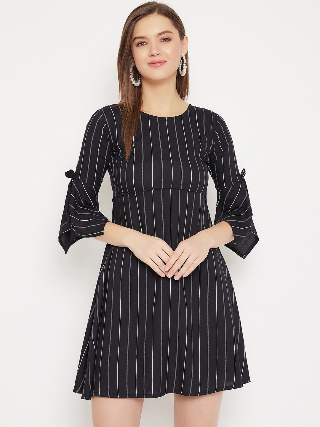Purple Feather Women Black Striped A-Line Dress