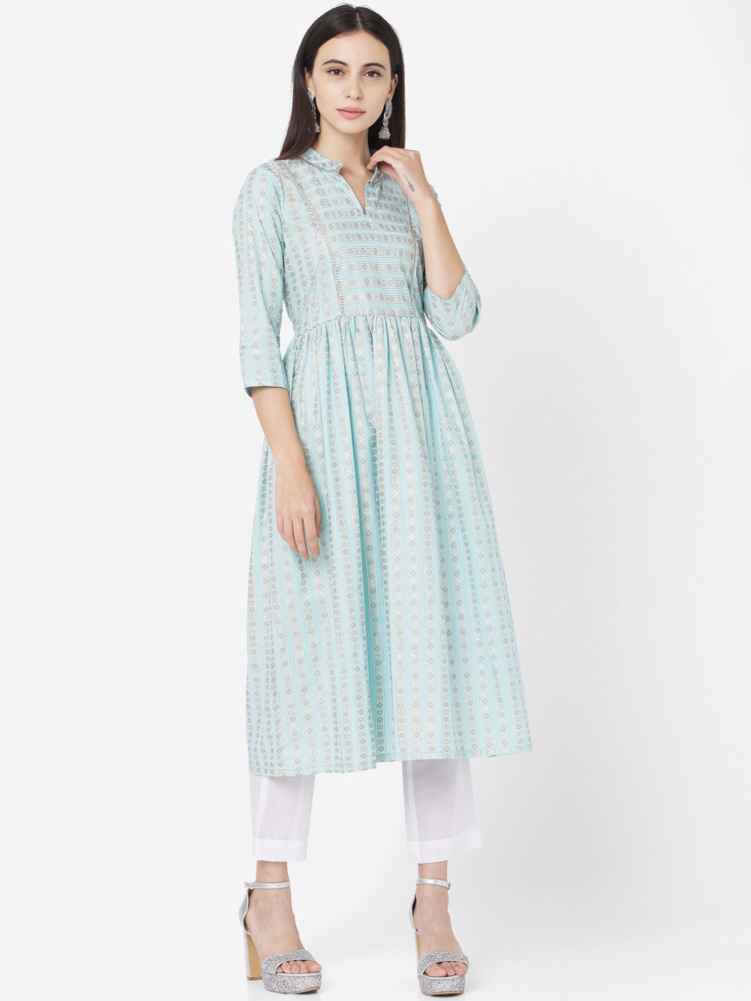 Saanjh Women Blue Printed A-Line Kurta