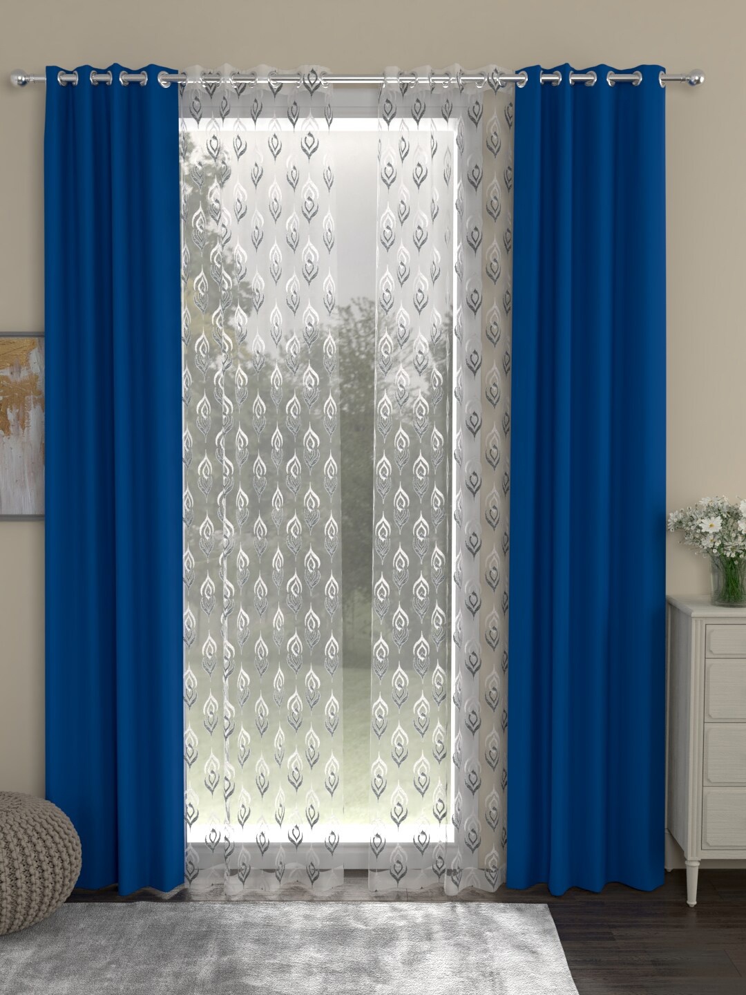 ROSARA HOME Set Of 4 Blue & Transparent Black Out Door Curtains