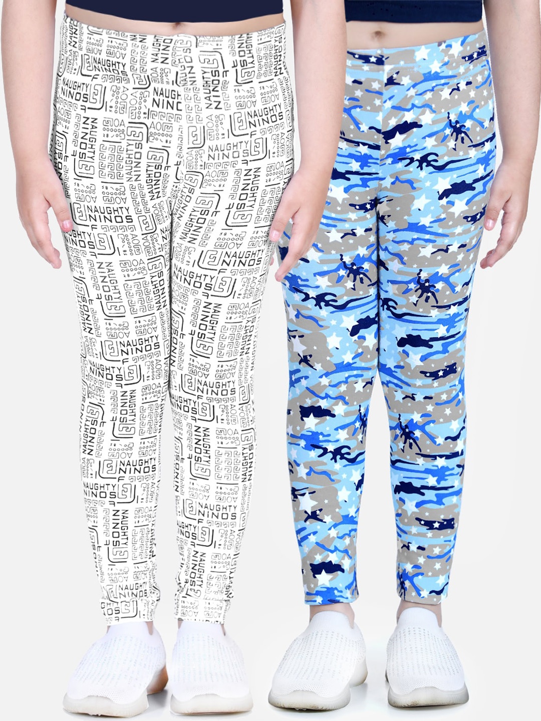 Naughty Ninos Girls Pack Of 2 White & Blue Printed Ankle-Length Leggings