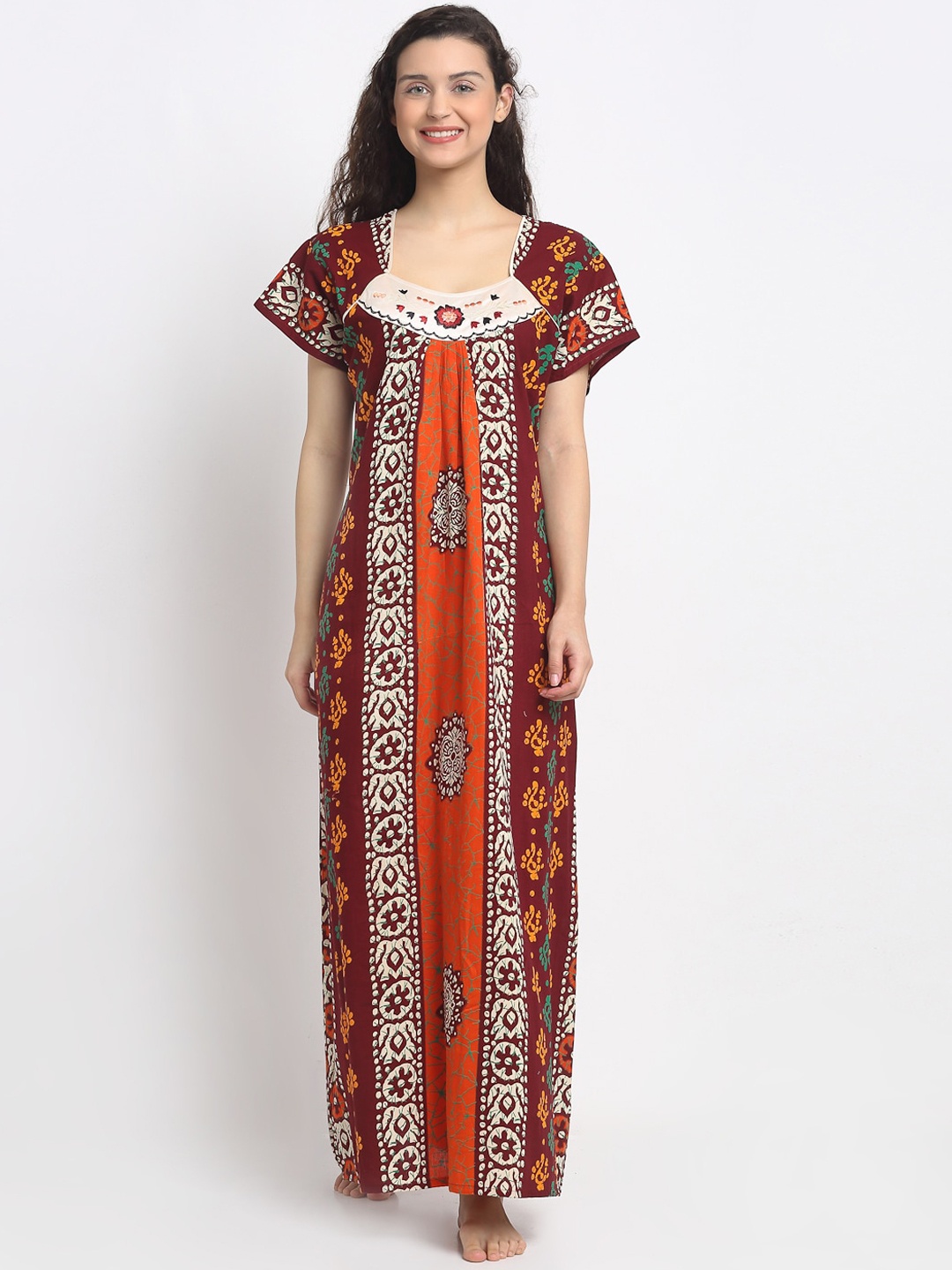 Secret Wish Maroon & Orange Printed Nightdress