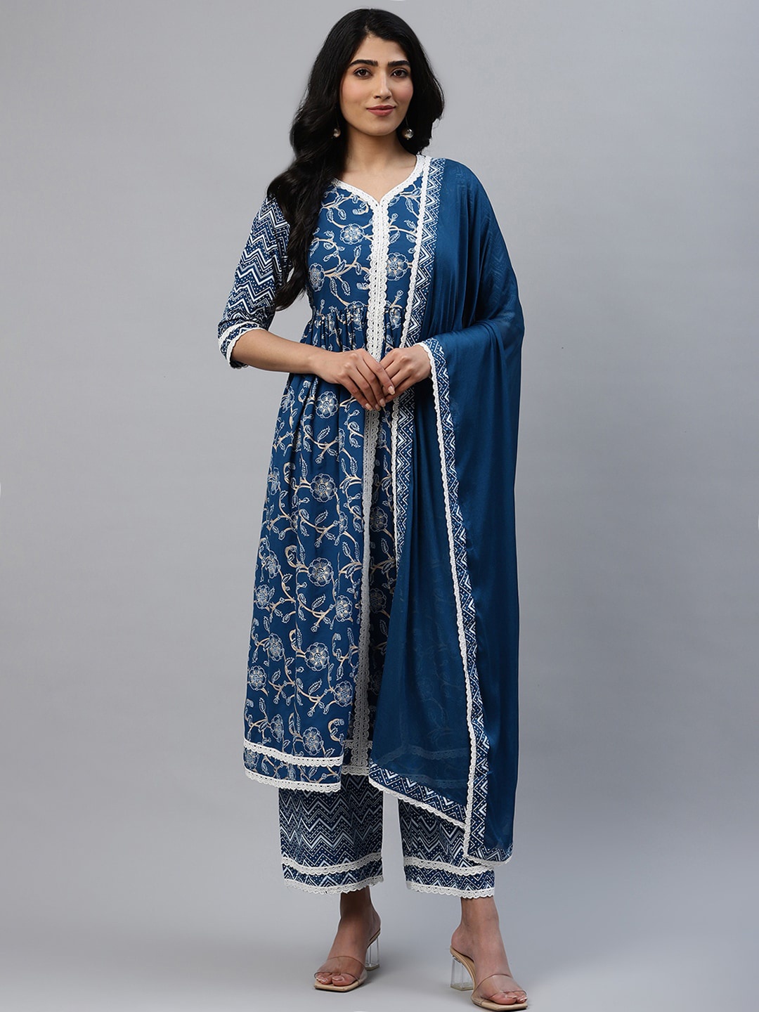 Libas Women Blue Printed Kurta with Palazzos & Dupatta