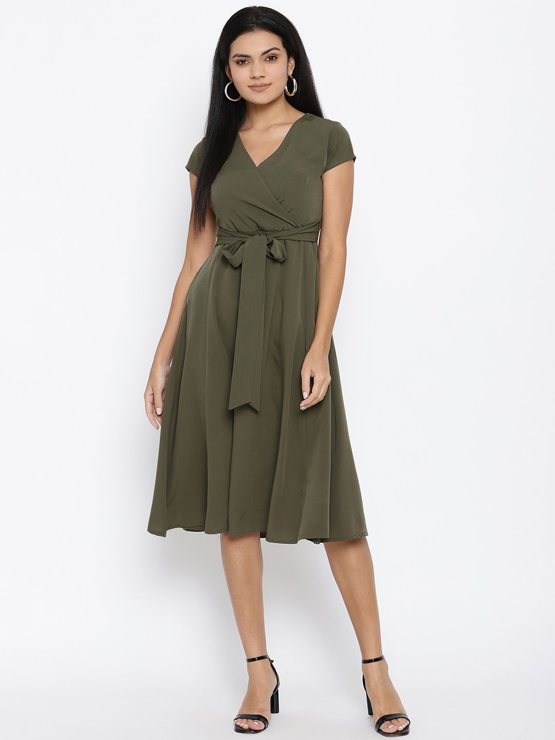 THREAD MUSTER Women Olive Green Solid Wrap Dress