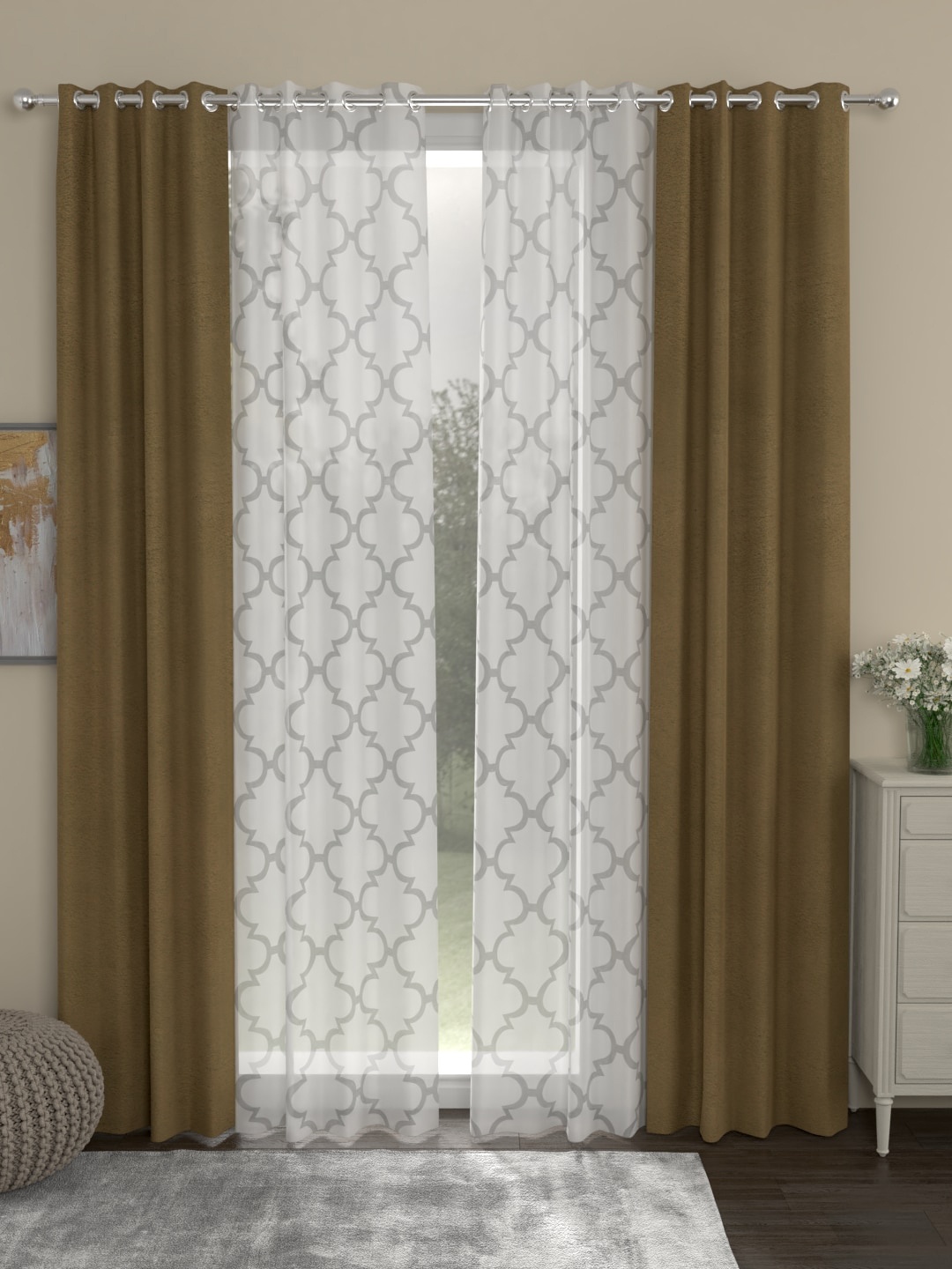 ROSARA HOME Brown & White Set of 4 Long Door Curtains