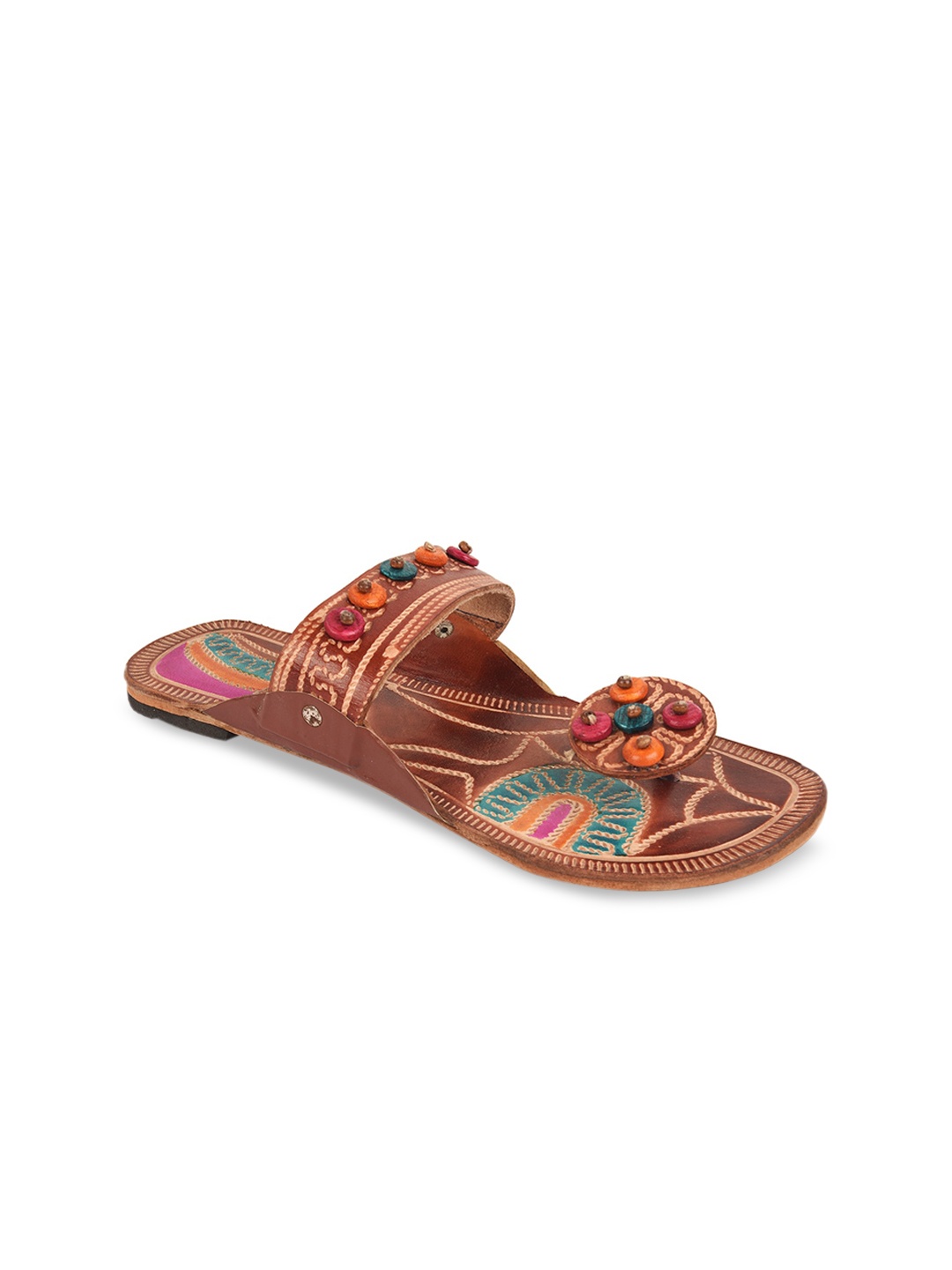 DESI COLOUR Women Brown Embellished Leather Open Toe Flats