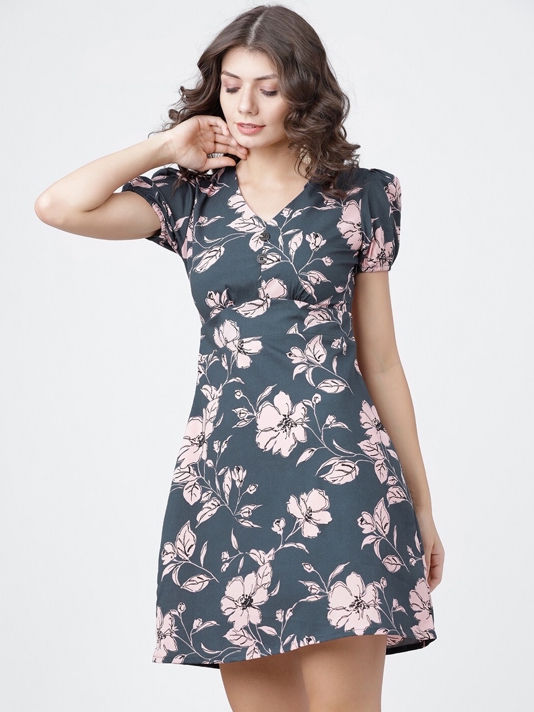 Tokyo Talkies Women Grey Printed Fit and Flare Dress
