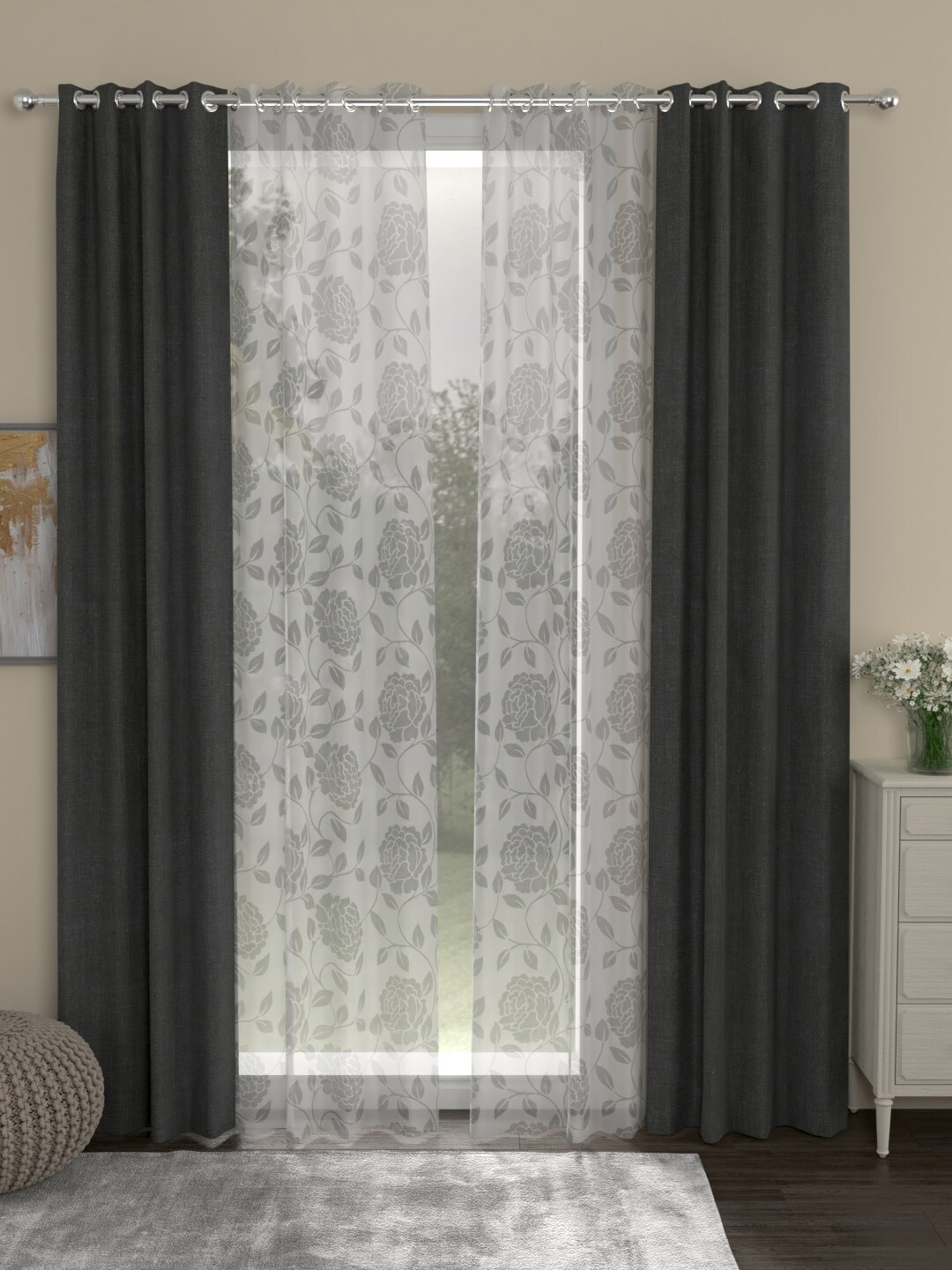 ROSARA HOME Grey & White Set of 4 Door Curtains