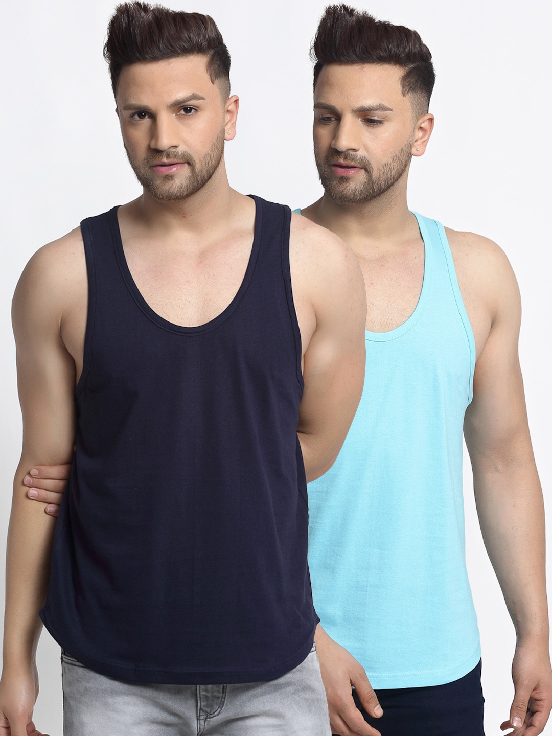 Friskers Men Pack Of 2 Solid Gym Vests, Navy blue