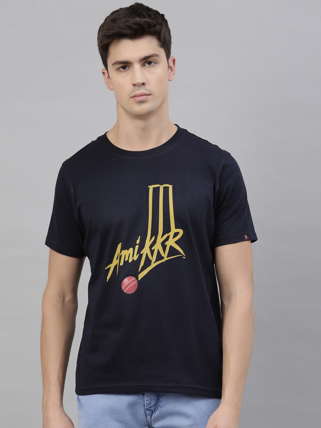 Bushirt Men Navy Blue Printed Round Neck Cotton Pure Cotton T-shirts