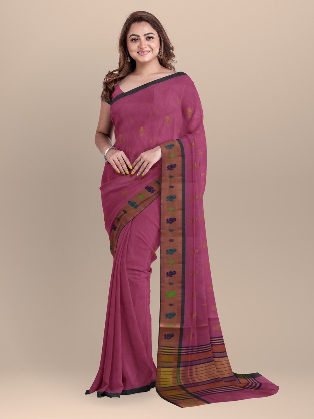 APCO Pink Pure Cotton Printed Handloom Venkatgiri Saree