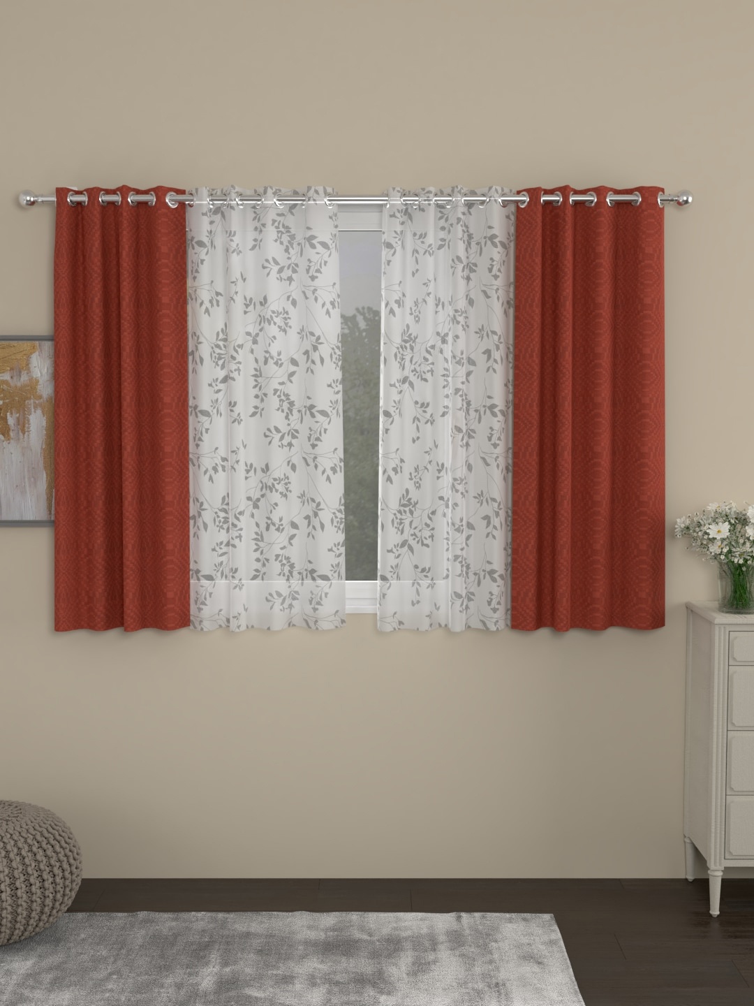 ROSARA HOME Set Of 4 Rust Brown & White Window Curtains
