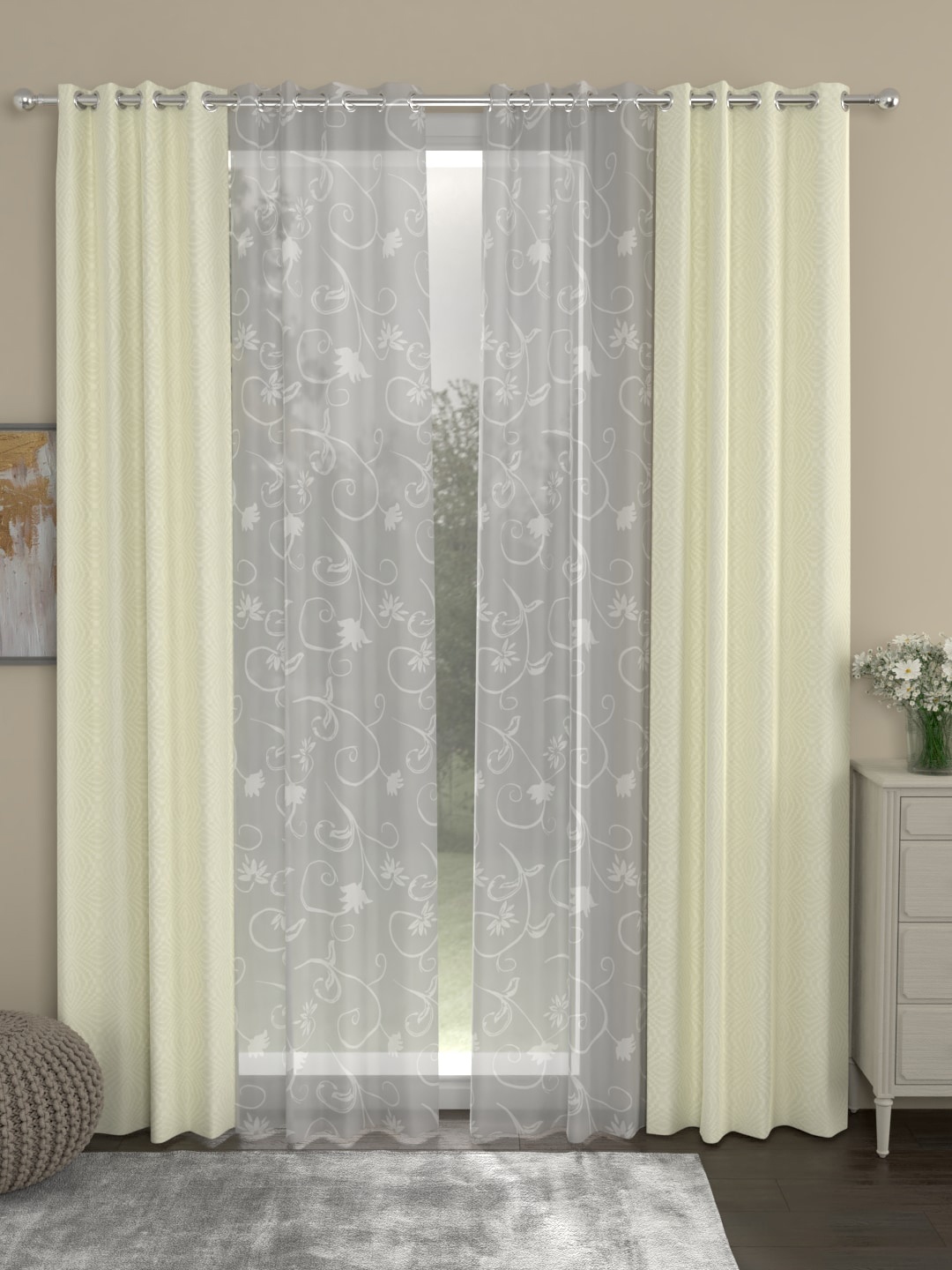 ROSARA HOME Cream-Coloured & Grey Set of 4 Regular & Sheer Long Door Curtains