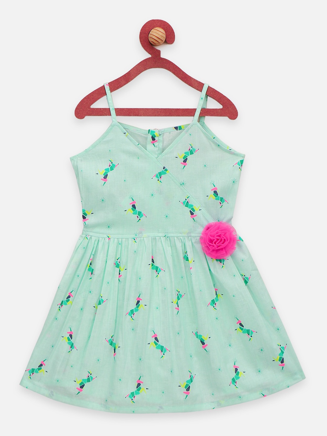 LilPicks Girls Green Printed Fit and Flare Dress