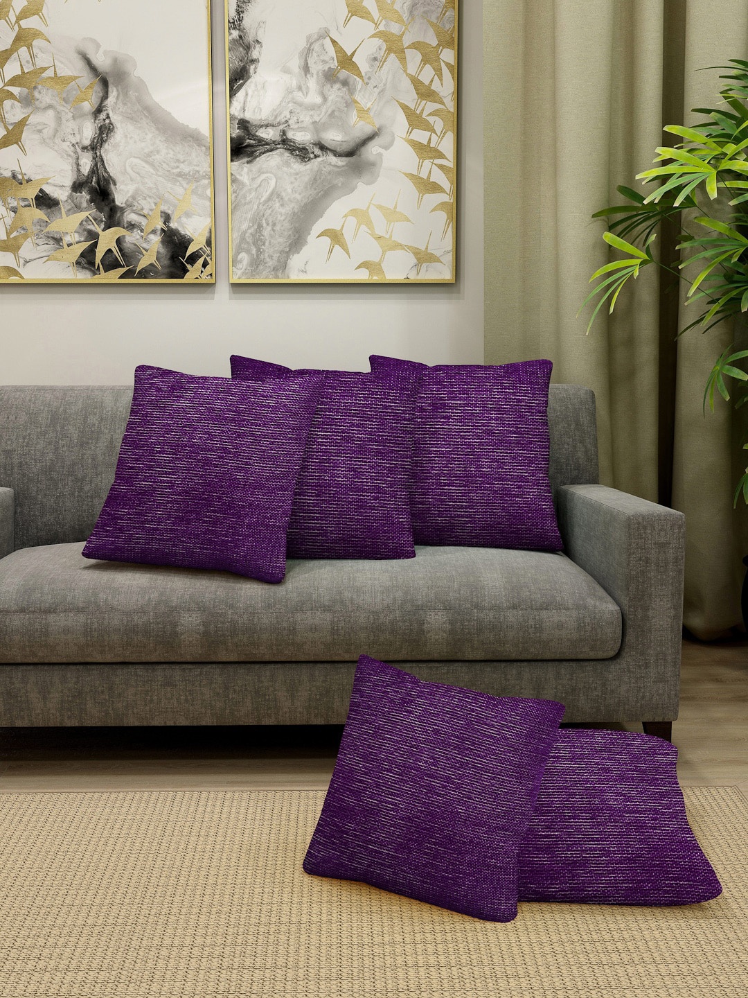 KLOTTHE Purple Set of 5 Self Design Square Cushion Covers