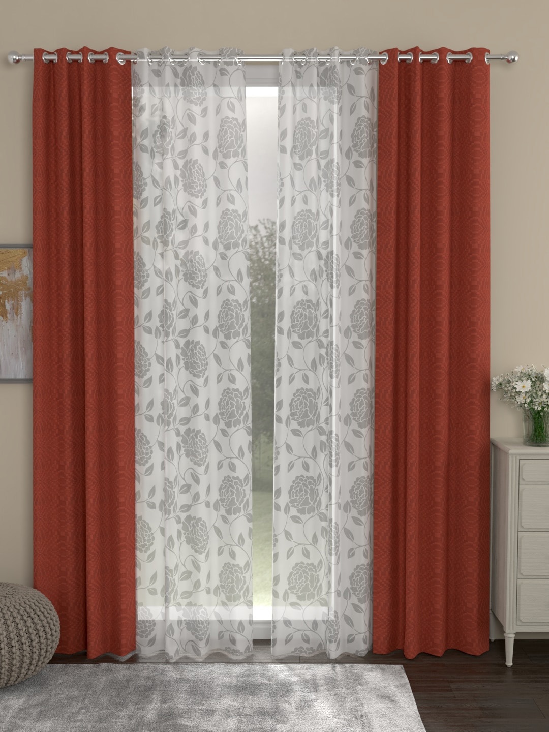 ROSARA HOME Set Of 4 Rust Brown & White Door Curtains