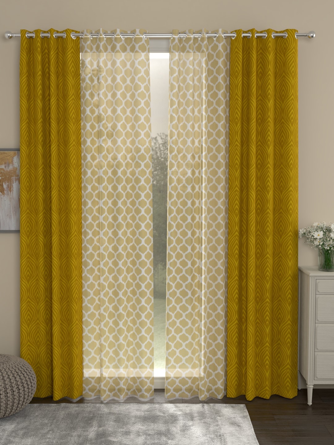 ROSARA HOME Mustard & Beige Set of 4 Ottoman Jacquard Regular & Sheer Long Door Curtains
ROSARA HOME Mustard & Beige Set of 4 Ottoman Jacquard Regular & Sheer Long Door Curtains