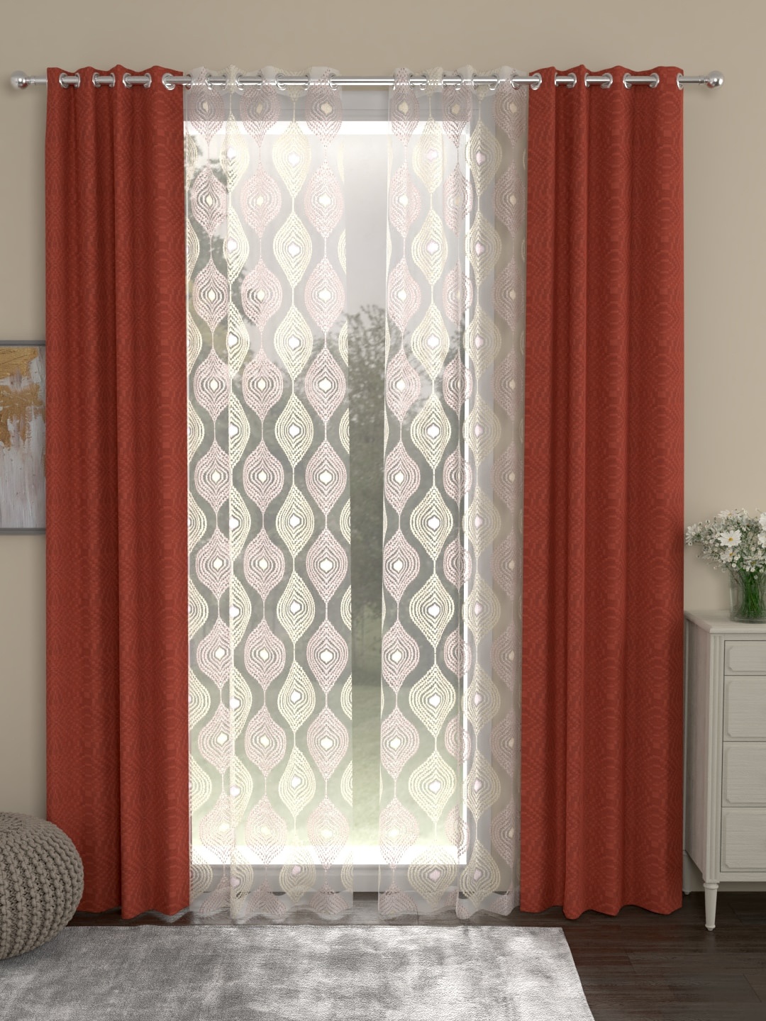 ROSARA HOME Rust & Transparent Set of 4 Regular & Sheer Door Curtains