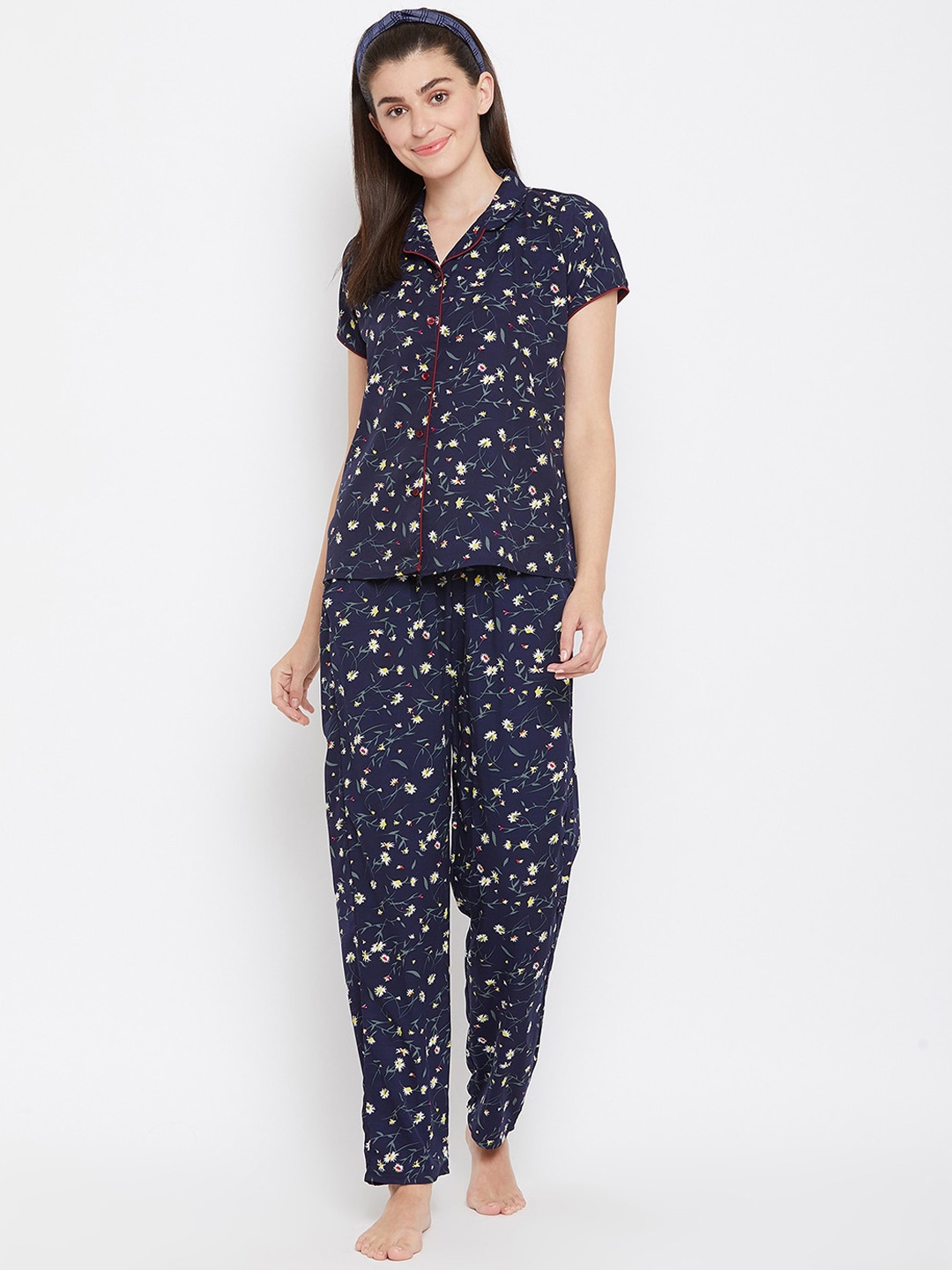 Clovia Women Navy Blue & White Printed Shirt and Pyjamas