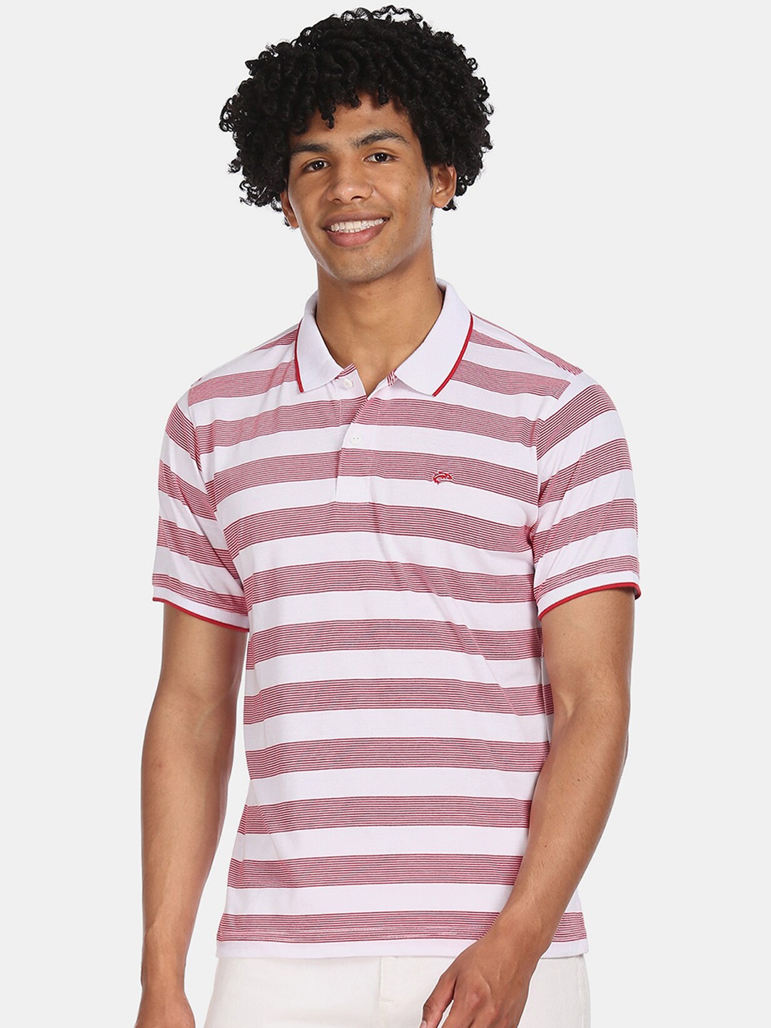 Ruggers Men Red & White Striped Polo Collar T-shirt