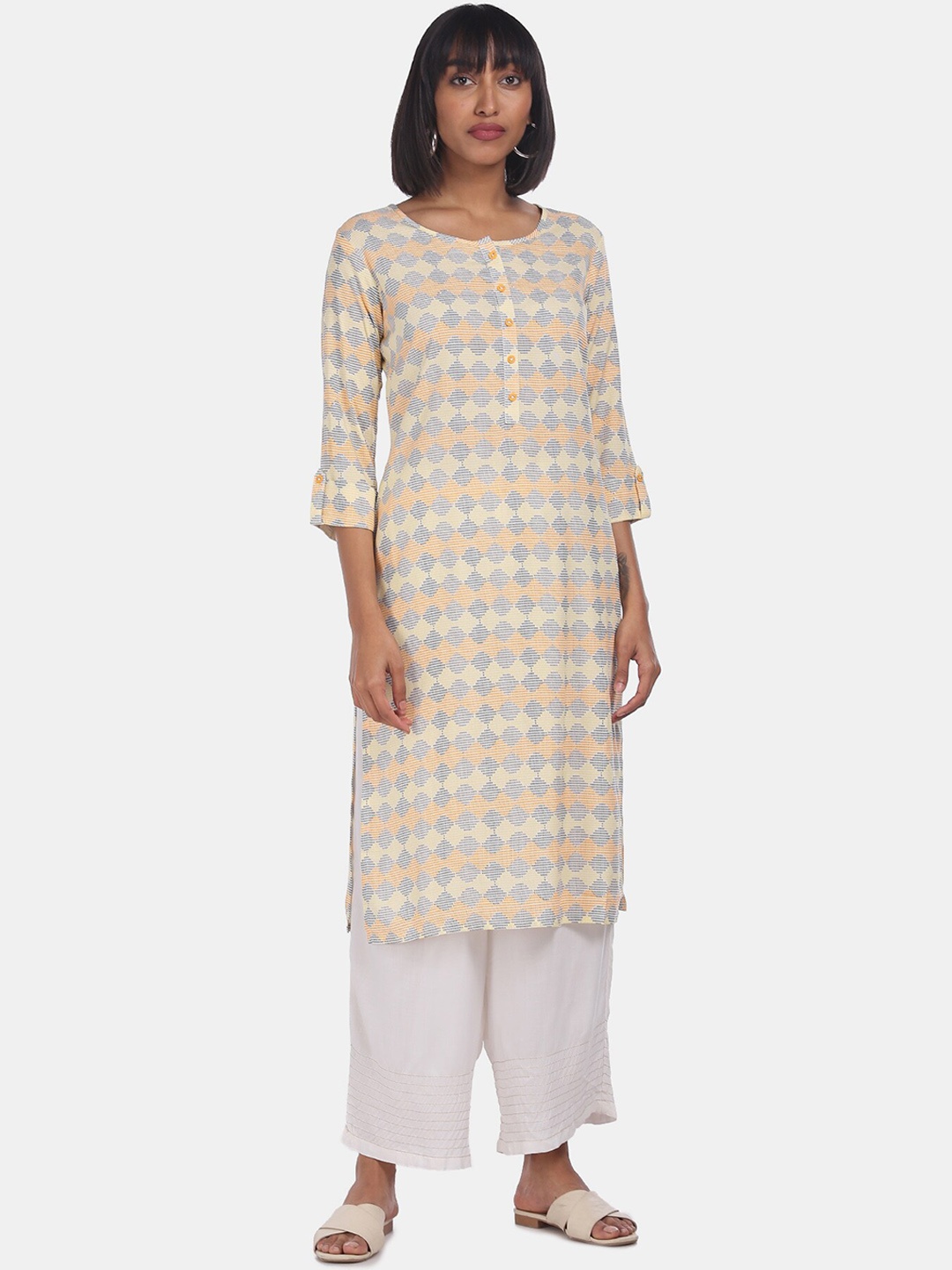 Karigari Women Beige Geometric Printed Kurta