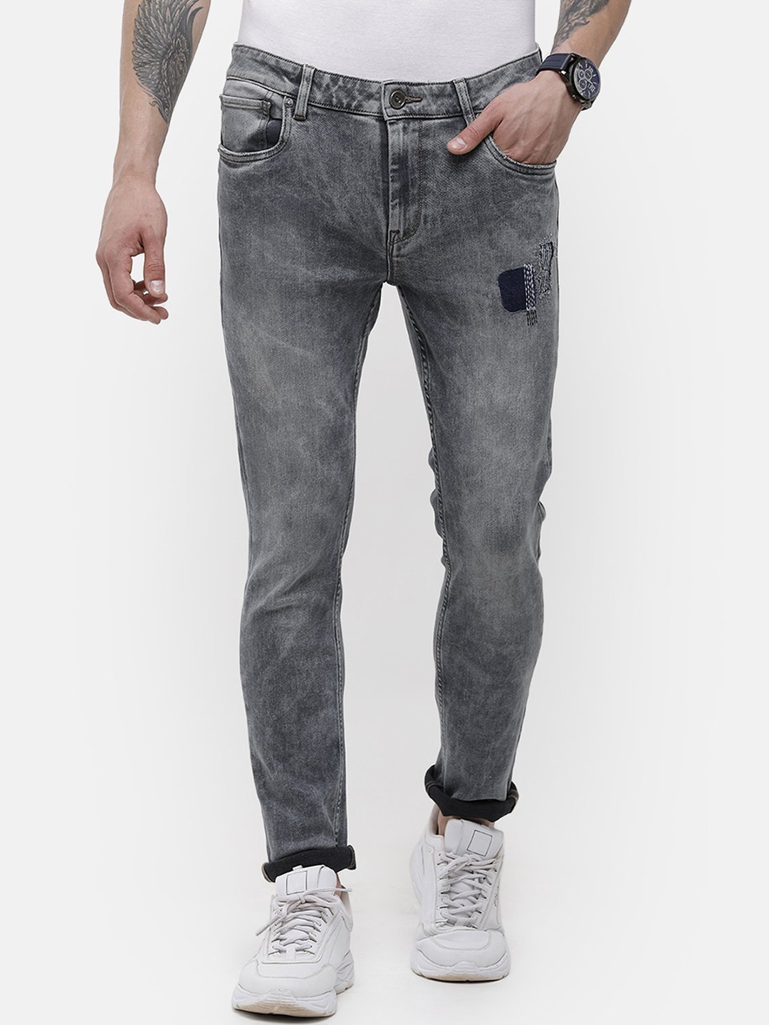 Voi Jeans Men Grey Skinny Fit Mid-Rise Low Distress Jeans