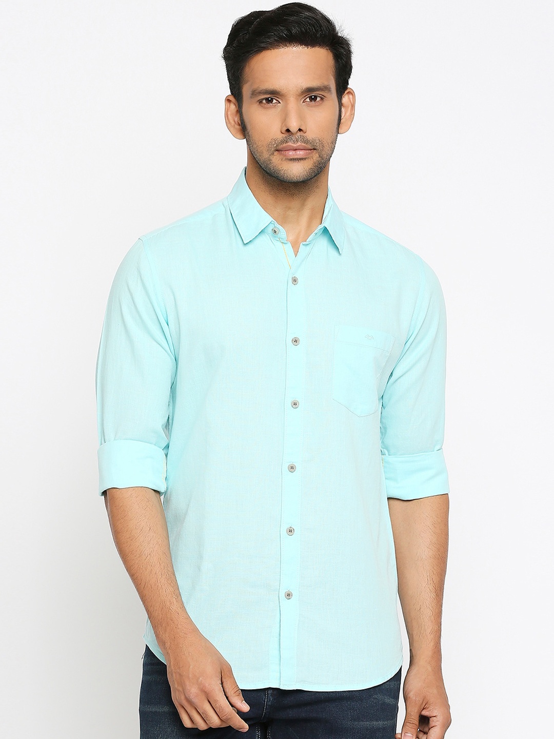 Mufti Men Turquoise Blue Slim Fit Solid Casual Shirt