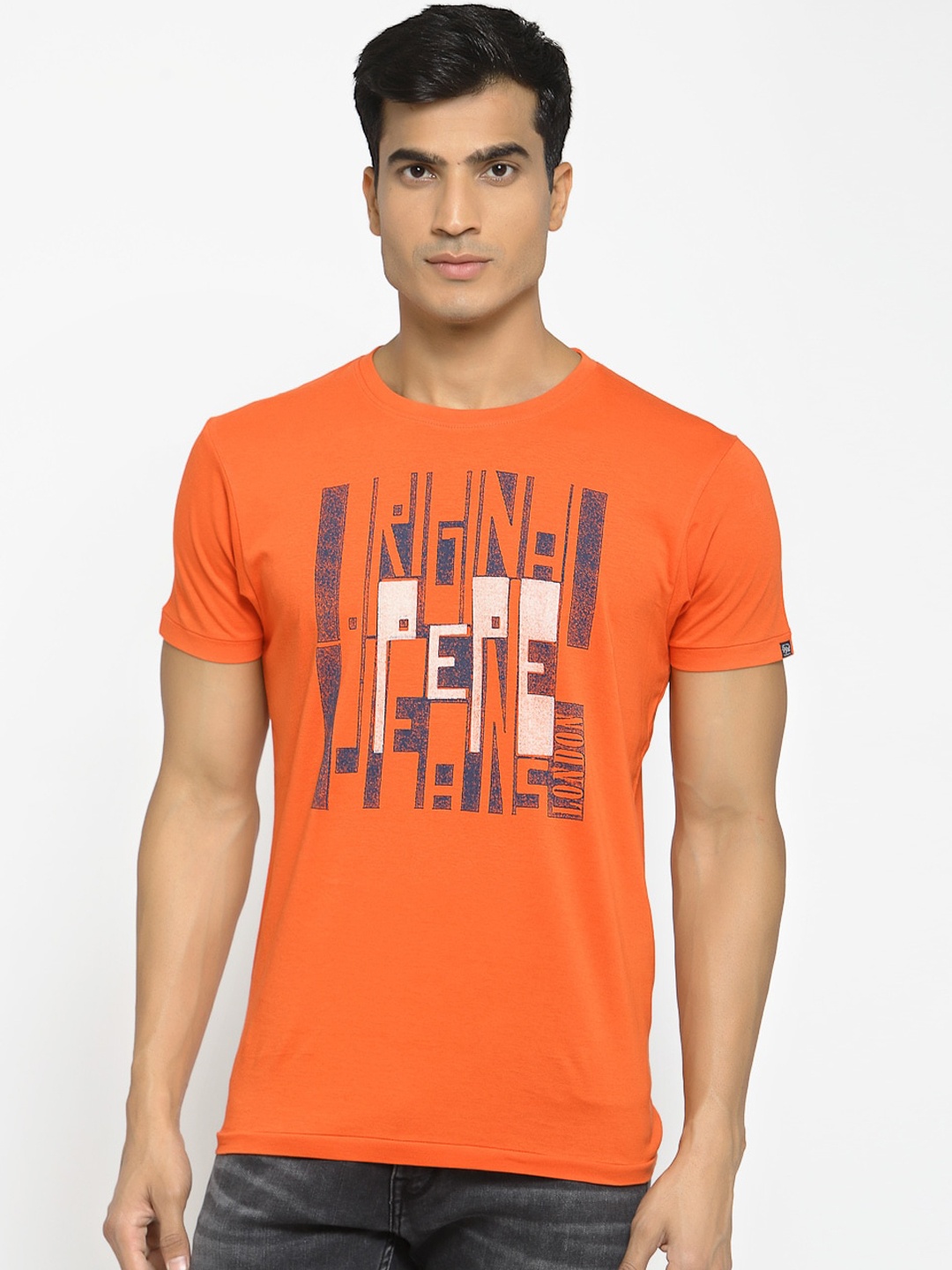 Pepe Jeans Men Orange Printed Round Neck T-shirt