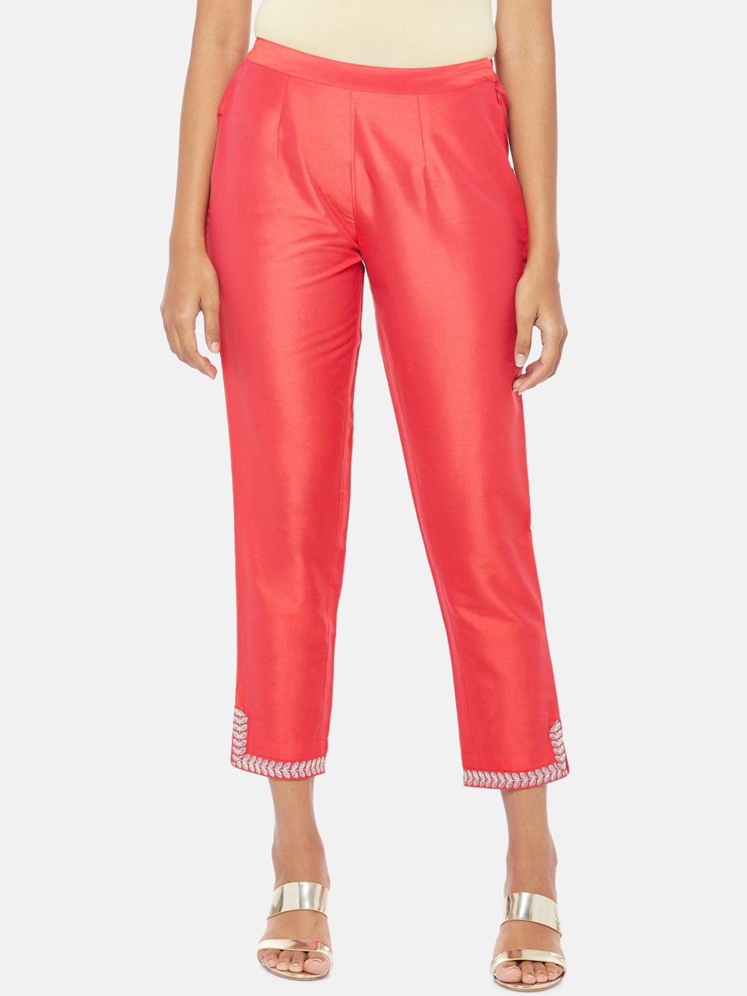 RANGMANCH BY PANTALOONS Women Red Regular Fit Solid Cigarette Trousers