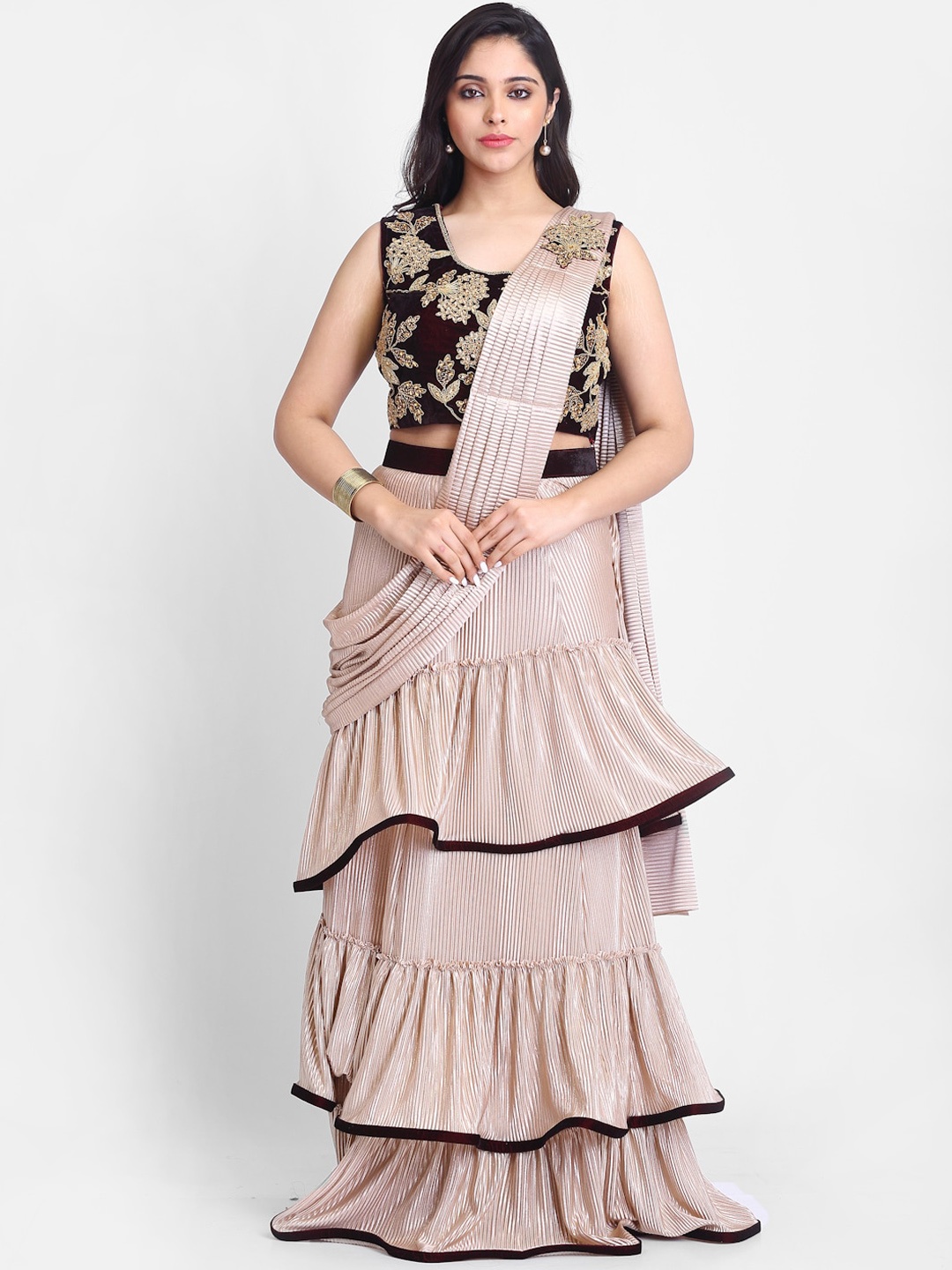 Grancy Brown Solid Poly Crepe Layered Ready to Wear Saree With Stitched Blouse