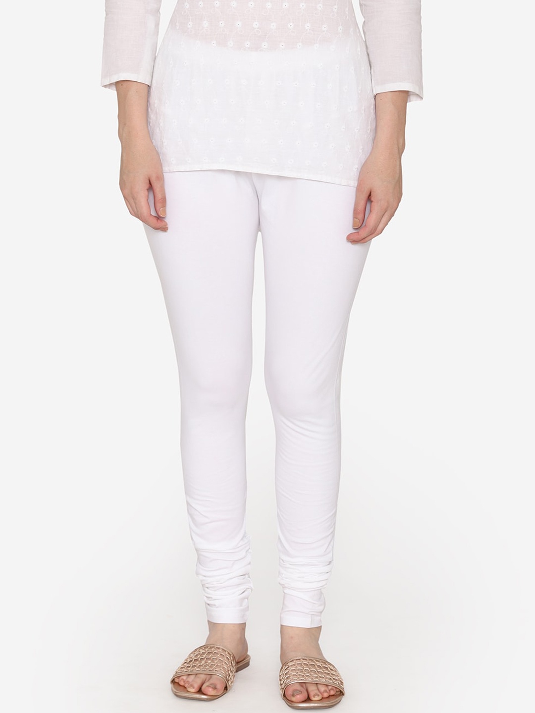 Vami Women White Cotton Solid Churidar-Length Leggings