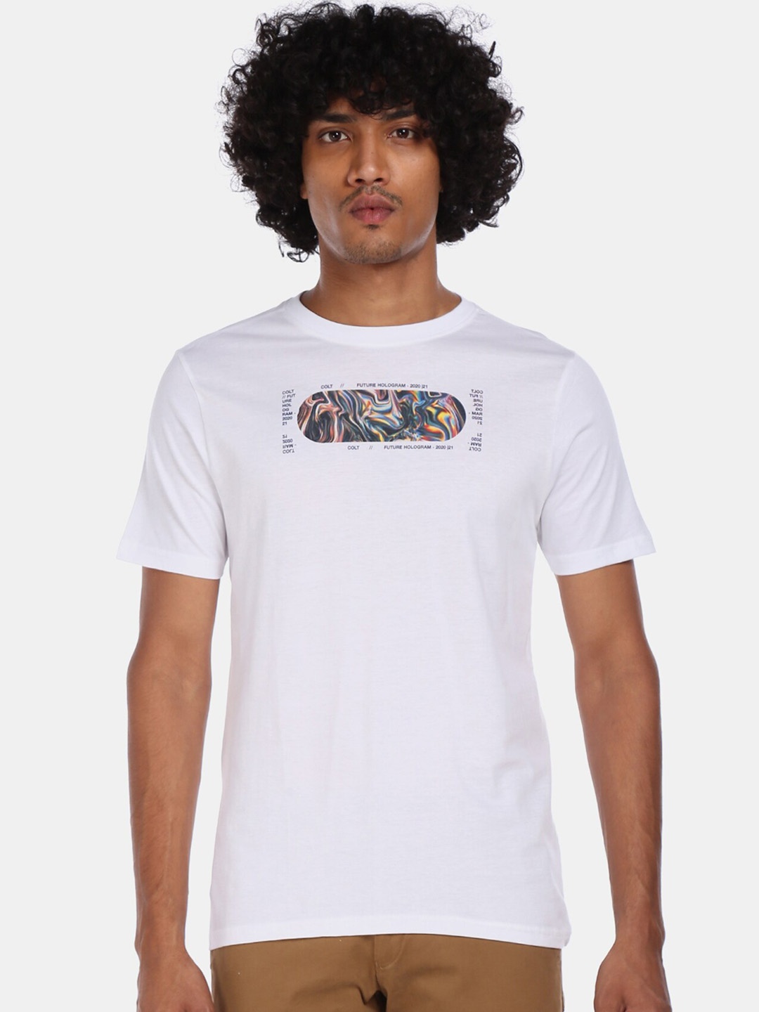 Colt Men White Printed Round Neck Cotton Pure Cotton T-shirt
