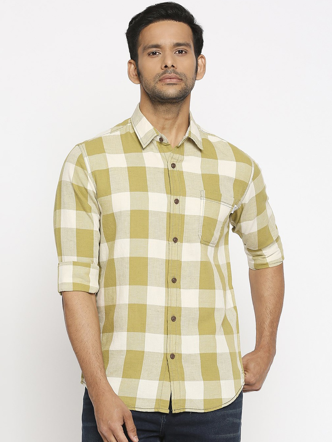 Mufti Men Beige Slim Fit Checked Casual Shirt