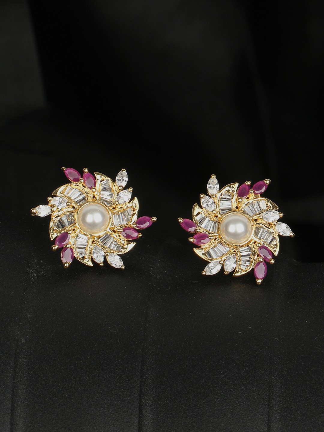 ANIKAS CREATION Gold-Plated & Maroon Contemporary Studs