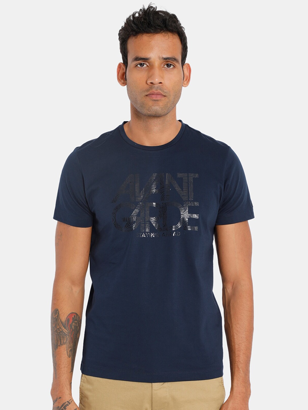 Arrow New York Men Navy Blue Printed Round Neck Pure Cotton T-shirt